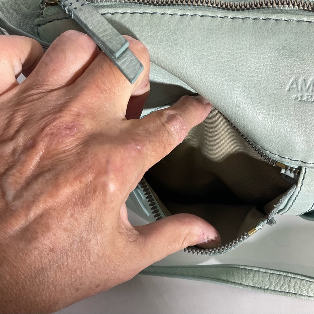 American Leather Company Leather Hanover Mint Green Two Front Zip Pockets Bag - Picture 7 of 16